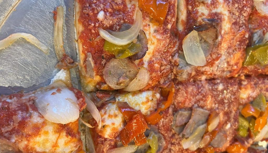 Sausage , pepper and onion Sicilian pizza at L&B Spumoni Gardens in Bensonhurst, Brooklyn