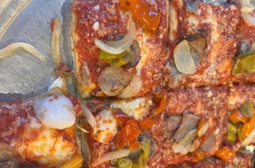 Sausage , pepper and onion Sicilian pizza at L&B Spumoni Gardens in Bensonhurst, Brooklyn