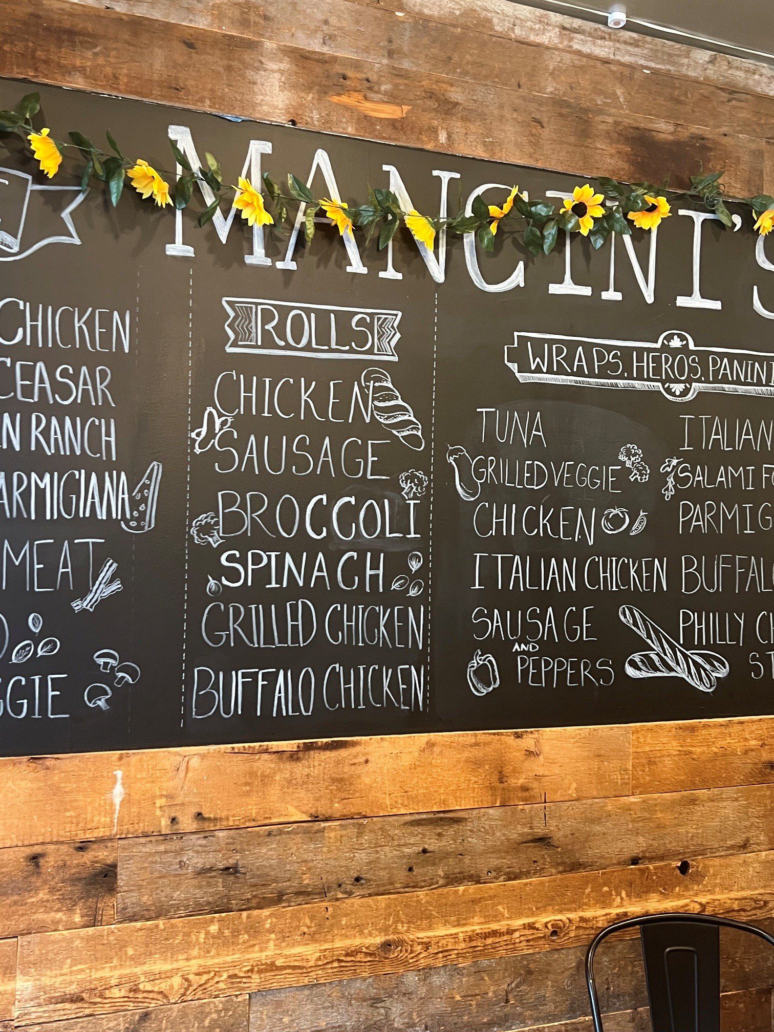 The menu on the wall at Mancini's Woodfired Pizza in Bay Ridge Brooklyn